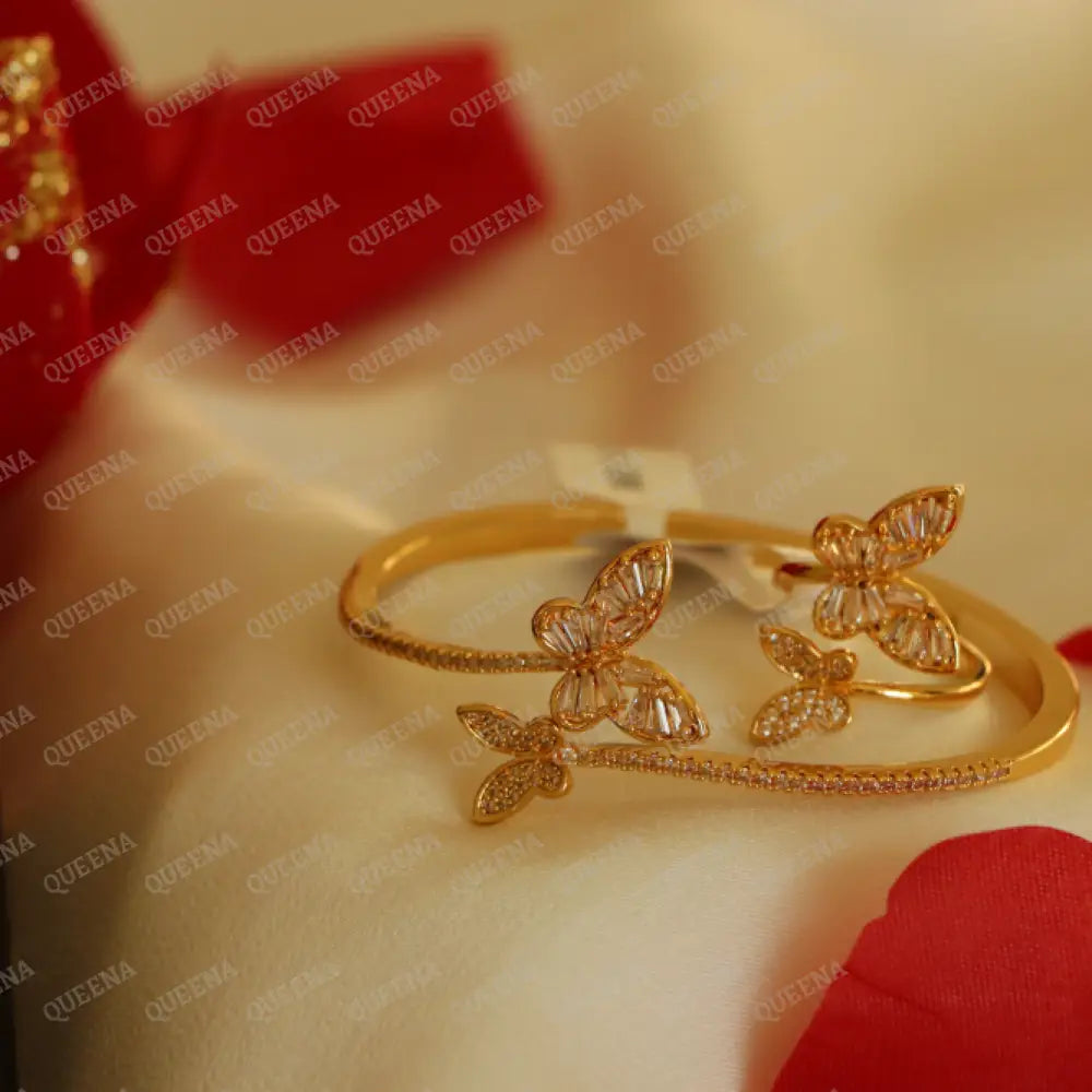 Luxury Half Set- 18K Gold Plated Sparkle Butterfly Studded In Zirconia White Crystal And (Bangle +