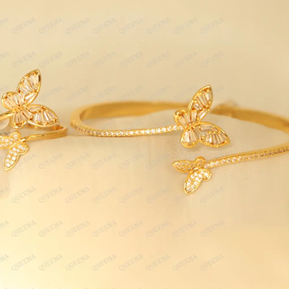 Luxury Half Set- 18K Gold Plated Sparkle Butterfly Studded In Zirconia White Crystal And (Bangle +