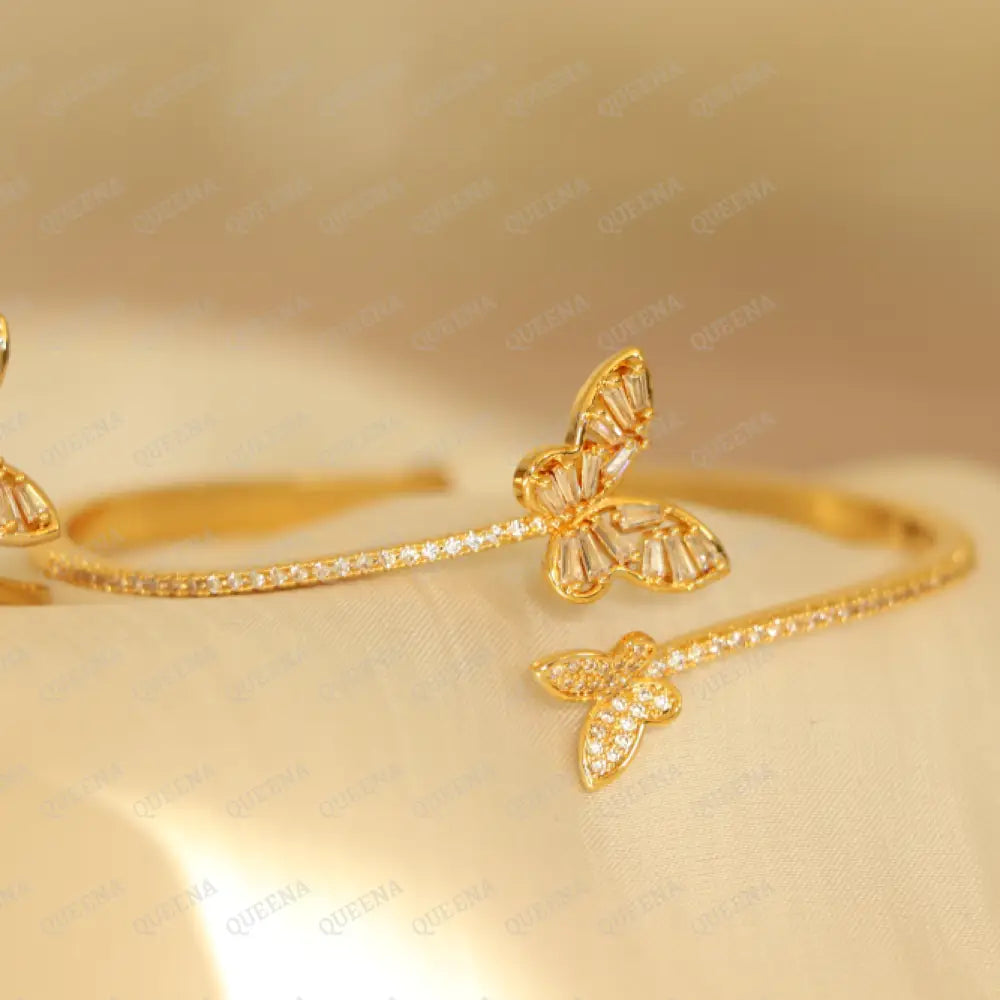 Luxury Half Set- 18K Gold Plated Sparkle Butterfly Studded In Zirconia White Crystal And (Bangle +