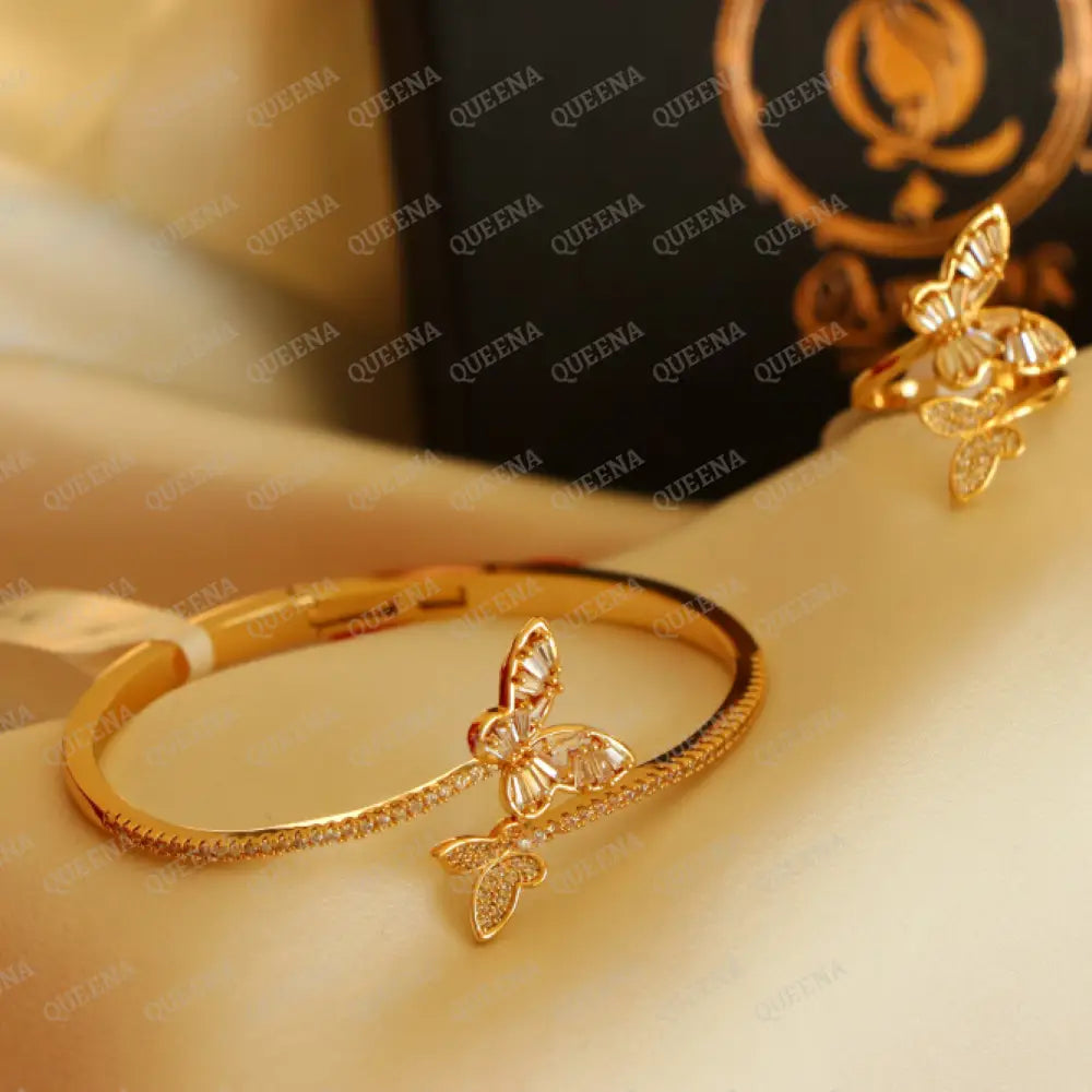 Luxury Half Set- 18K Gold Plated Sparkle Butterfly Studded In Zirconia White Crystal And (Bangle +