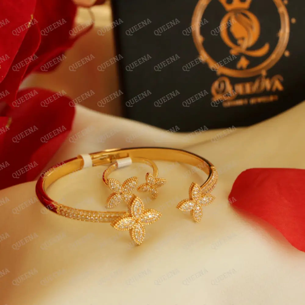 Luxury Half Set- 18K Gold Plated Sparkle Flora Studded In Zirconia White Crystal And (Bangle +