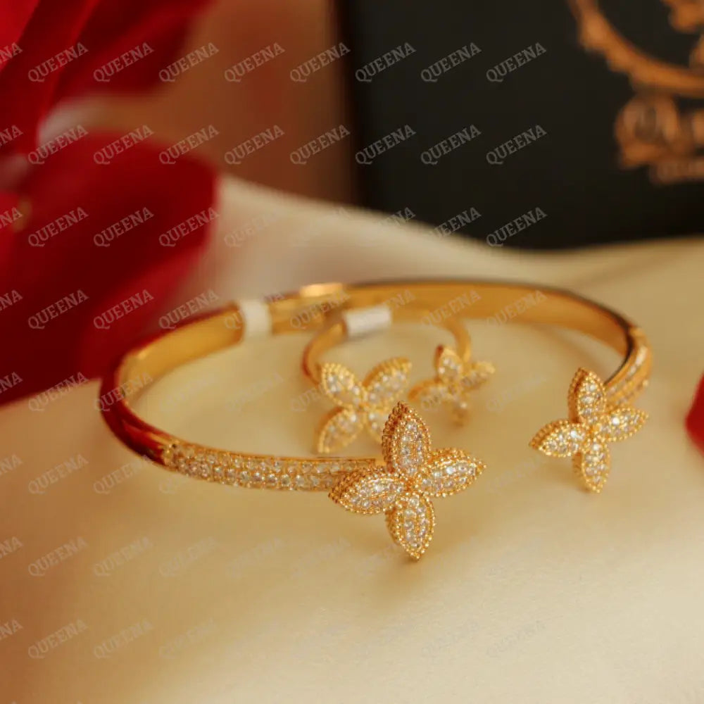 Luxury Half Set- 18K Gold Plated Sparkle Flora Studded In Zirconia White Crystal And (Bangle +