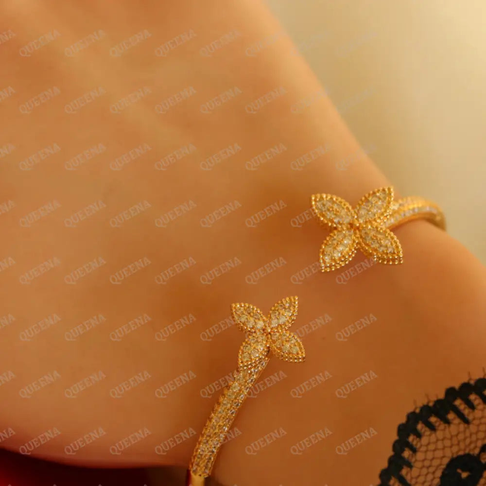 Luxury Half Set- 18K Gold Plated Sparkle Flora Studded In Zirconia White Crystal And (Bangle +