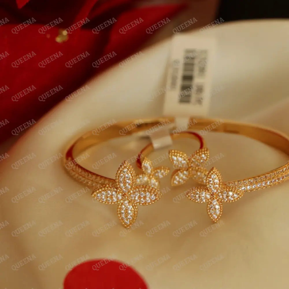 Luxury Half Set- 18K Gold Plated Sparkle Flora Studded In Zirconia White Crystal And (Bangle +