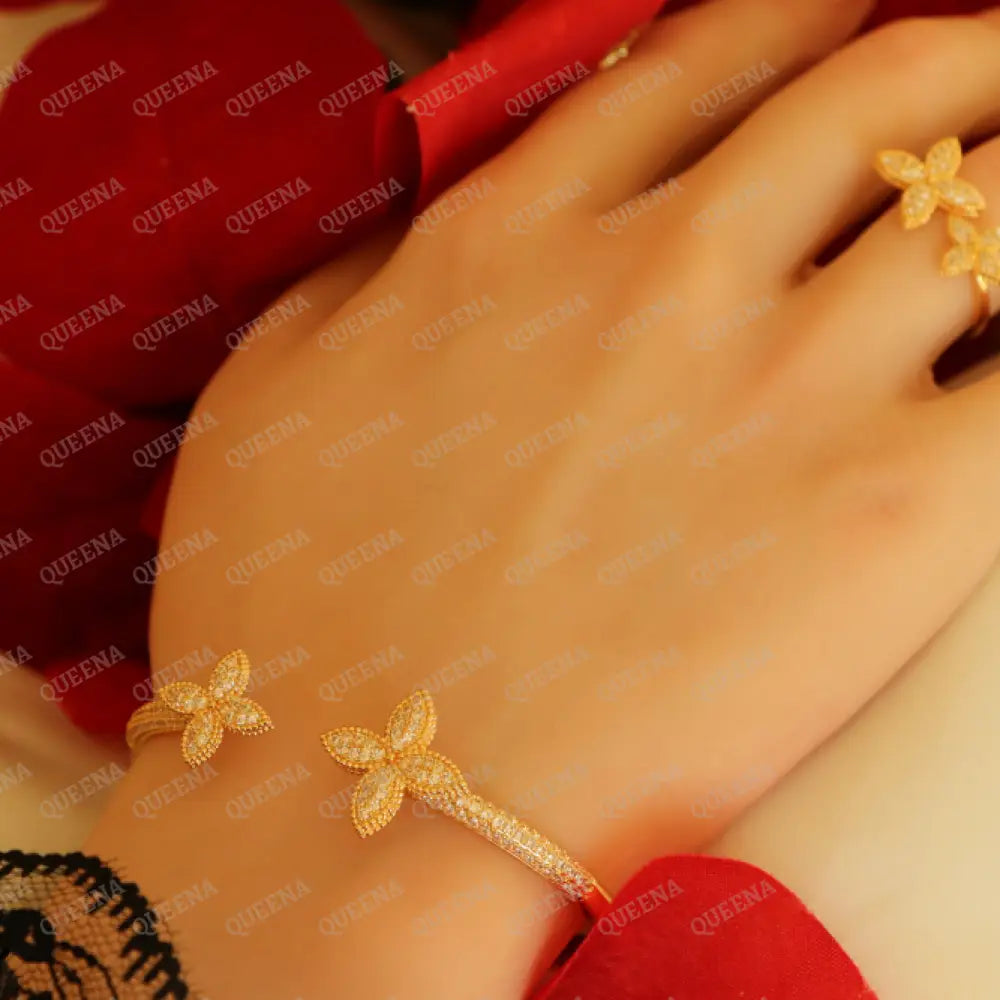 Luxury Half Set- 18K Gold Plated Sparkle Flora Studded In Zirconia White Crystal And (Bangle +