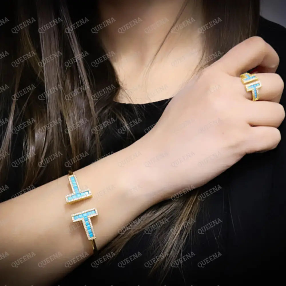 Luxury Half Set- 18K Gold Plated T- Wide Wire Bracelet In Turquoise Fayrouzi Bluestones (Bangle +