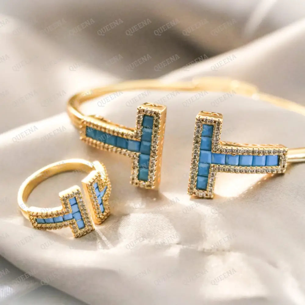 Luxury Half Set- 18K Gold Plated T- Wide Wire Bracelet In Turquoise Fayrouzi Bluestones (Bangle +