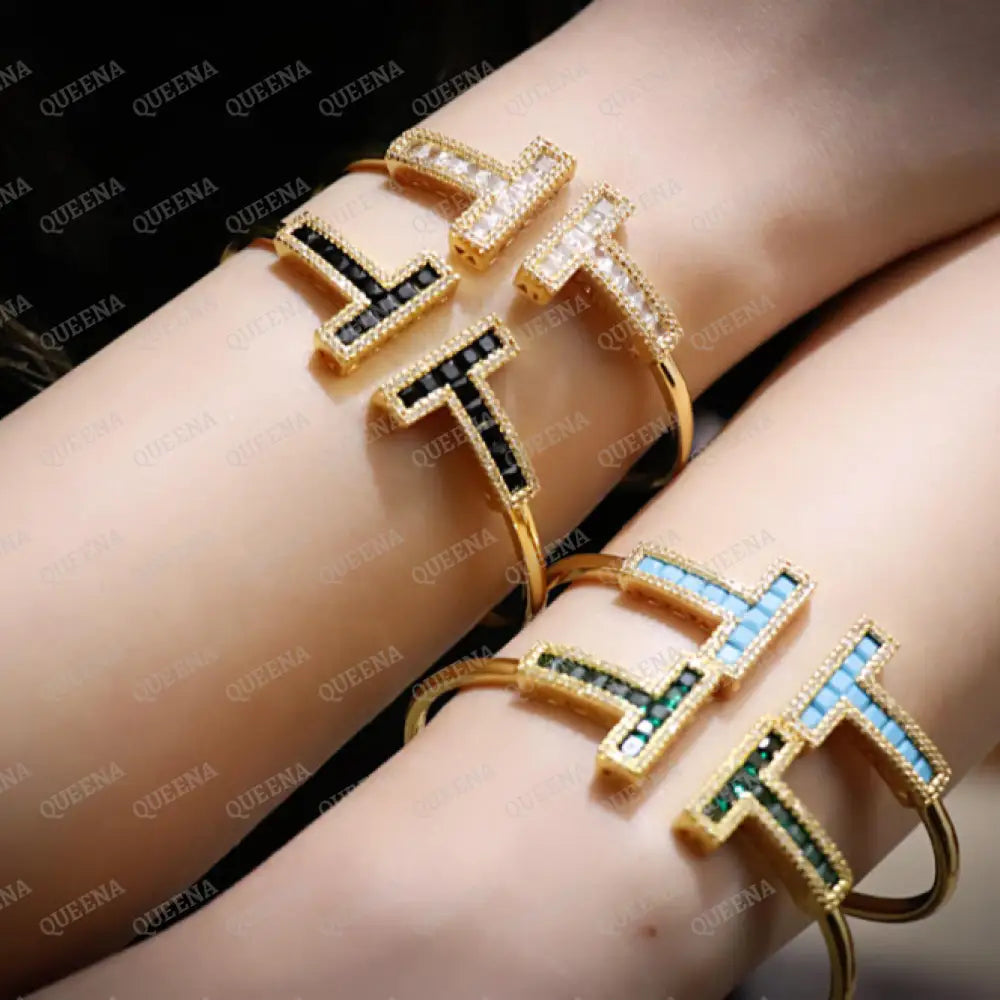 Luxury Half Set- 18K Gold Plated T- Wide Wire Bracelet In Turquoise Fayrouzi Bluestones (Bangle +