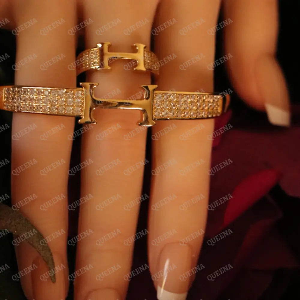 Luxury HALF SET- 18k Gold Plated TRENDY H Bracelet studded with Full Zircon (Bangle + Ring) Jewelry Sets