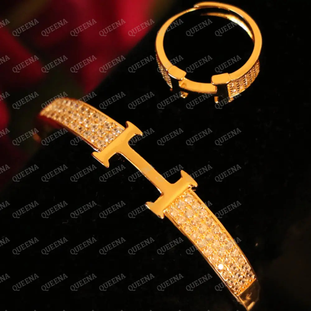 Luxury HALF SET- 18k Gold Plated TRENDY H Bracelet studded with Full Zircon (Bangle + Ring) Jewelry Sets