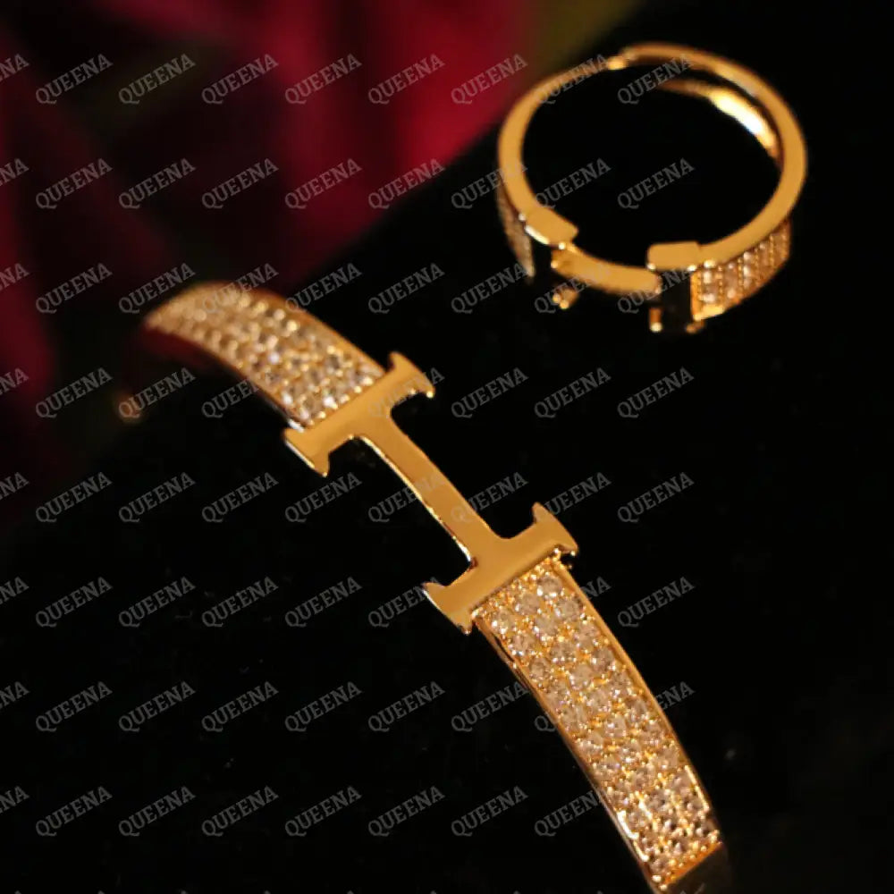 Luxury HALF SET- 18k Gold Plated TRENDY H Bracelet studded with Full Zircon (Bangle + Ring) Jewelry Sets