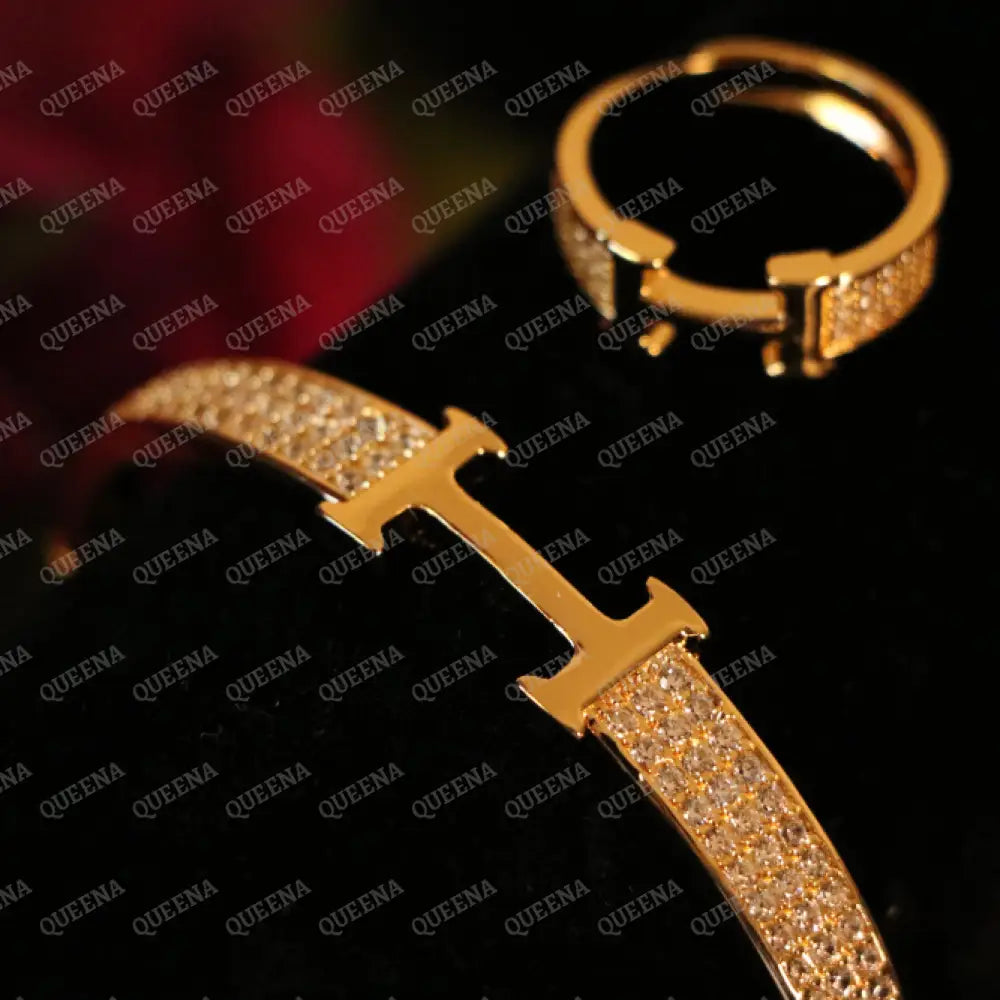Luxury HALF SET- 18k Gold Plated TRENDY H Bracelet studded with Full Zircon (Bangle + Ring) Jewelry Sets