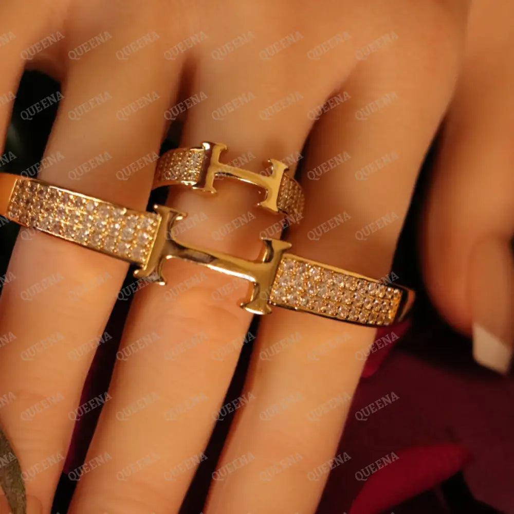 Luxury HALF SET- 18k Gold Plated TRENDY H Bracelet studded with Full Zircon (Bangle + Ring) Jewelry Sets