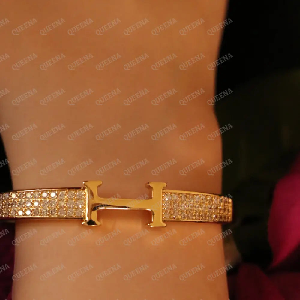 Luxury HALF SET- 18k Gold Plated TRENDY H Bracelet studded with Full Zircon (Bangle + Ring) Jewelry Sets