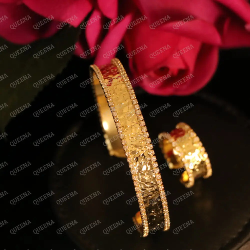 Luxury HALF SET- 18k Gold Plated TRENDY Lebanese Bracelet studded with Full Zircon (Bangle + Ring) Jewelry Sets