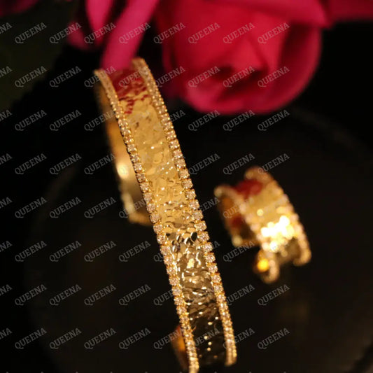 Luxury HALF SET- 18k Gold Plated TRENDY Lebanese Bracelet studded with Full Zircon (Bangle + Ring) Jewelry Sets