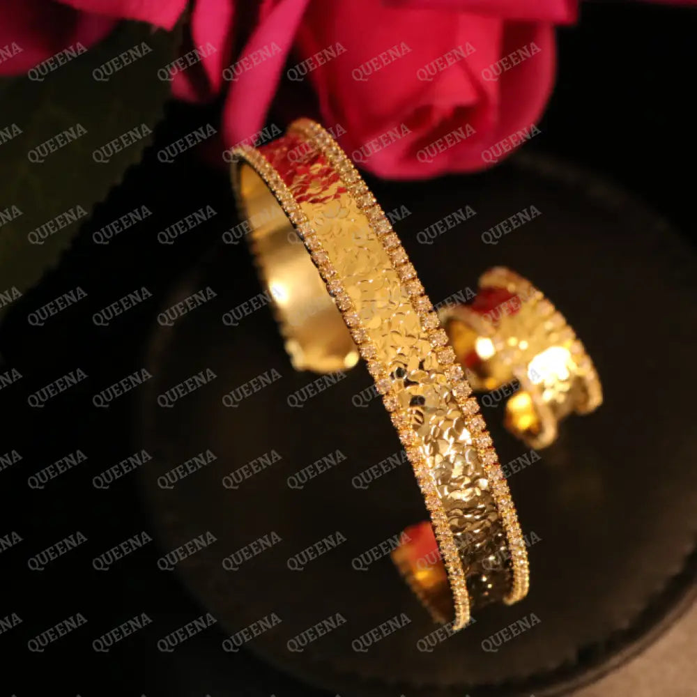 Luxury HALF SET- 18k Gold Plated TRENDY Lebanese Bracelet studded with Full Zircon (Bangle + Ring) Jewelry Sets