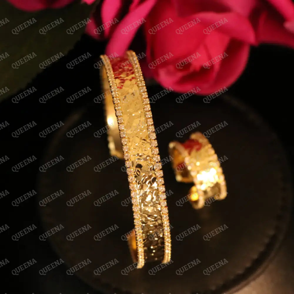 Luxury HALF SET- 18k Gold Plated TRENDY Lebanese Bracelet studded with Full Zircon (Bangle + Ring) Jewelry Sets