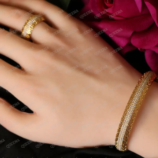 Luxury HALF SET- 18k Gold Plated Unique Arabic Ornament Bangle Studded With Full Pearls and Zirconia Gold Stones