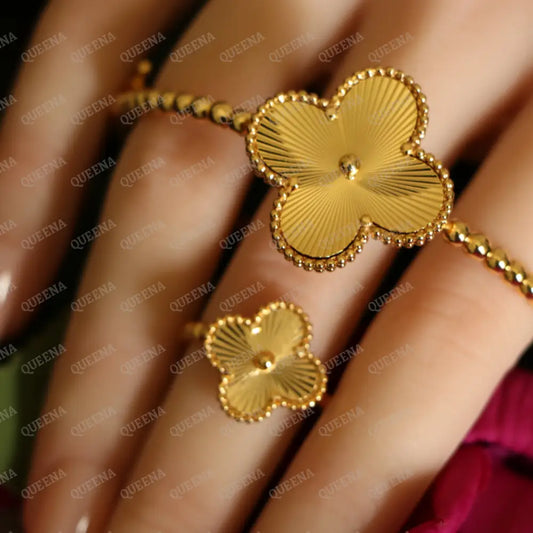 Luxury HALF SET 18k Gold Plated Valerie Golden Floral Clover (Bangle + Ring) Jewelry Sets