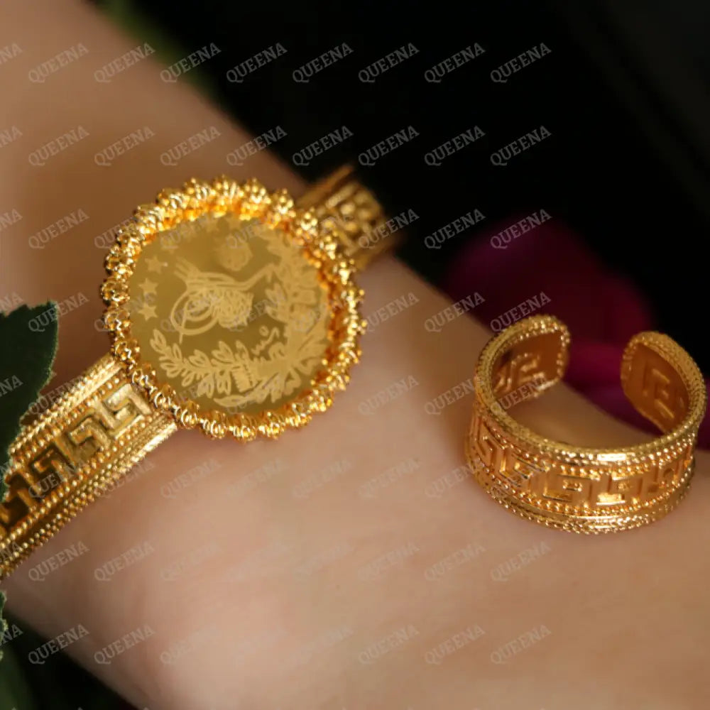 Luxury HALF SET- 18k Gold Plated Iconic Turkish Lyra Coin Jewelry Set (Bangle + Ring) Jewelry Sets
