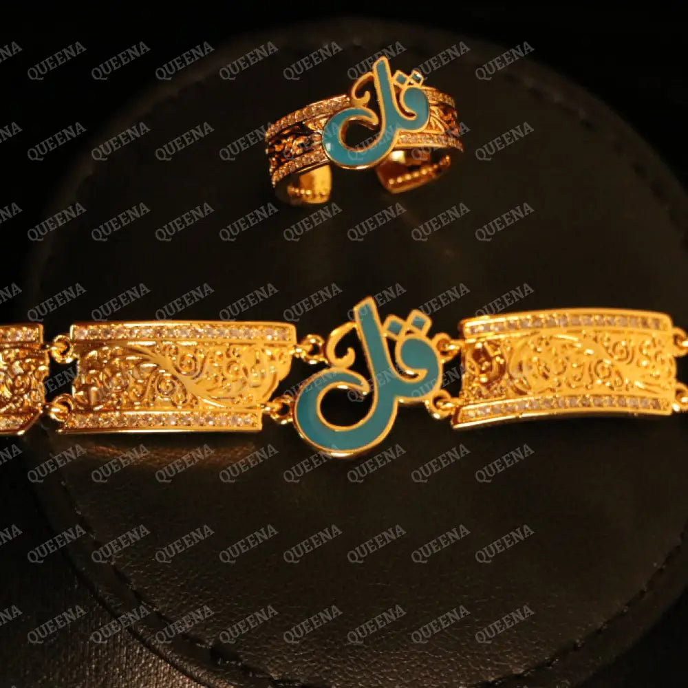 Luxury HALF SET - 21k Gold Plated Unique Islamic Blue Qul (قل) Bracelet Studded with Zircons Stones Jewelry Set