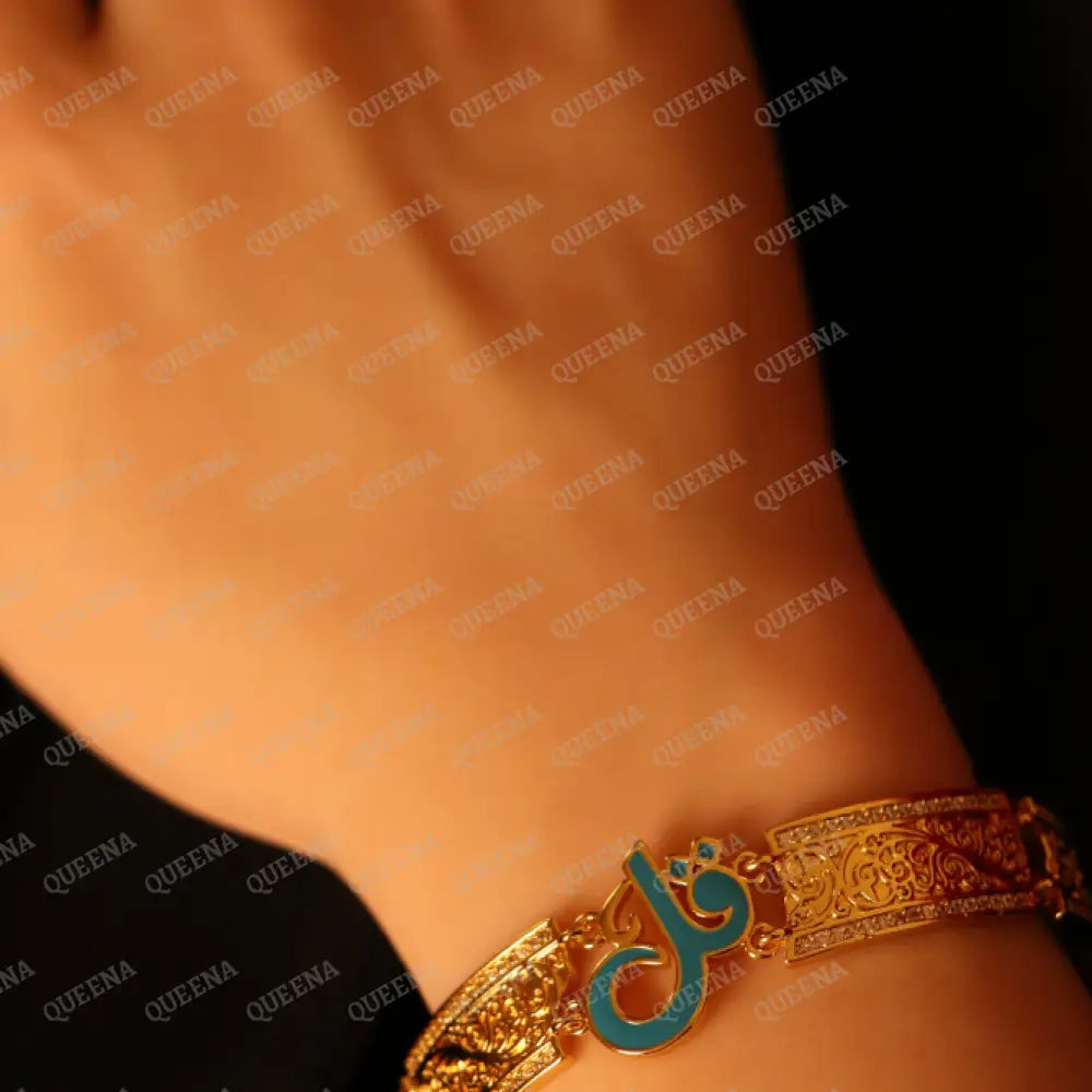Luxury HALF SET - 21k Gold Plated Unique Islamic Blue Qul (قل) Bracelet Studded with Zircons Stones Jewelry Set
