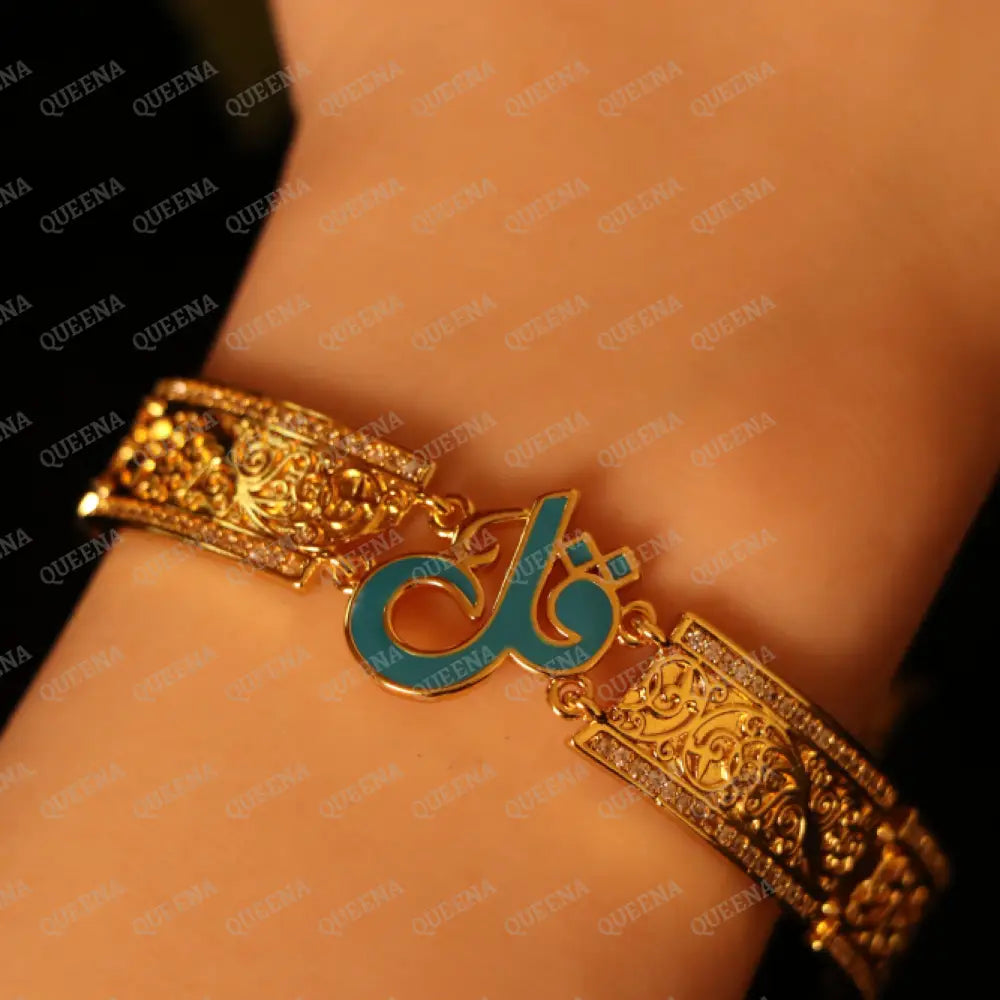 Luxury HALF SET - 21k Gold Plated Unique Islamic Blue Qul (قل) Bracelet Studded with Zircons Stones Jewelry Set