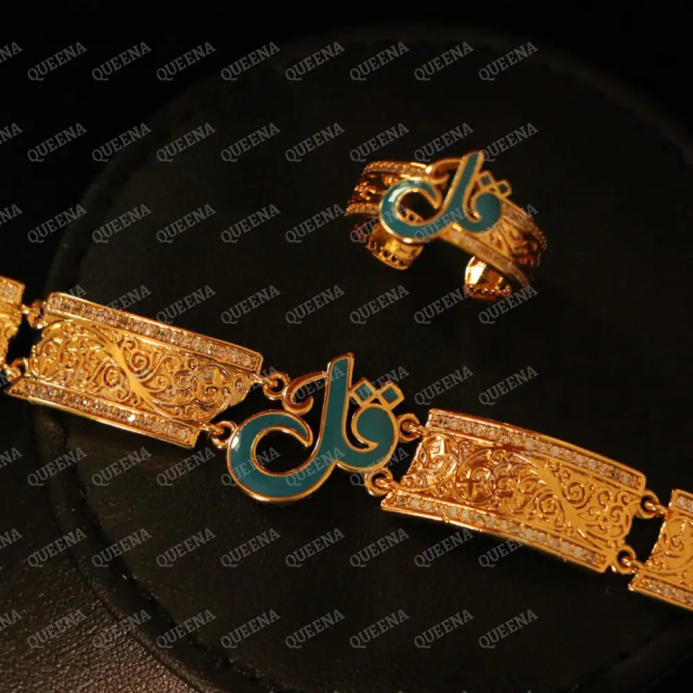 Luxury HALF SET - 21k Gold Plated Unique Islamic Blue Qul (قل) Bracelet Studded with Zircons Stones Jewelry Set