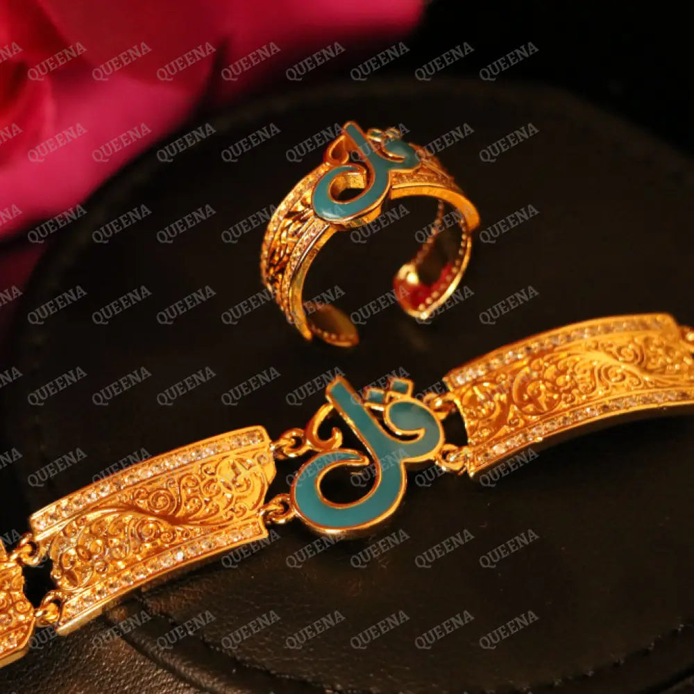 Luxury HALF SET - 21k Gold Plated Unique Islamic Blue Qul (قل) Bracelet Studded with Zircons Stones Jewelry Set