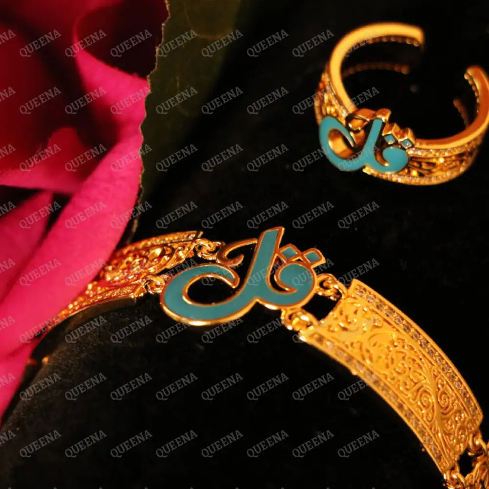 Luxury HALF SET - 21k Gold Plated Unique Islamic Blue Qul (قل) Bracelet Studded with Zircons Stones Jewelry Set