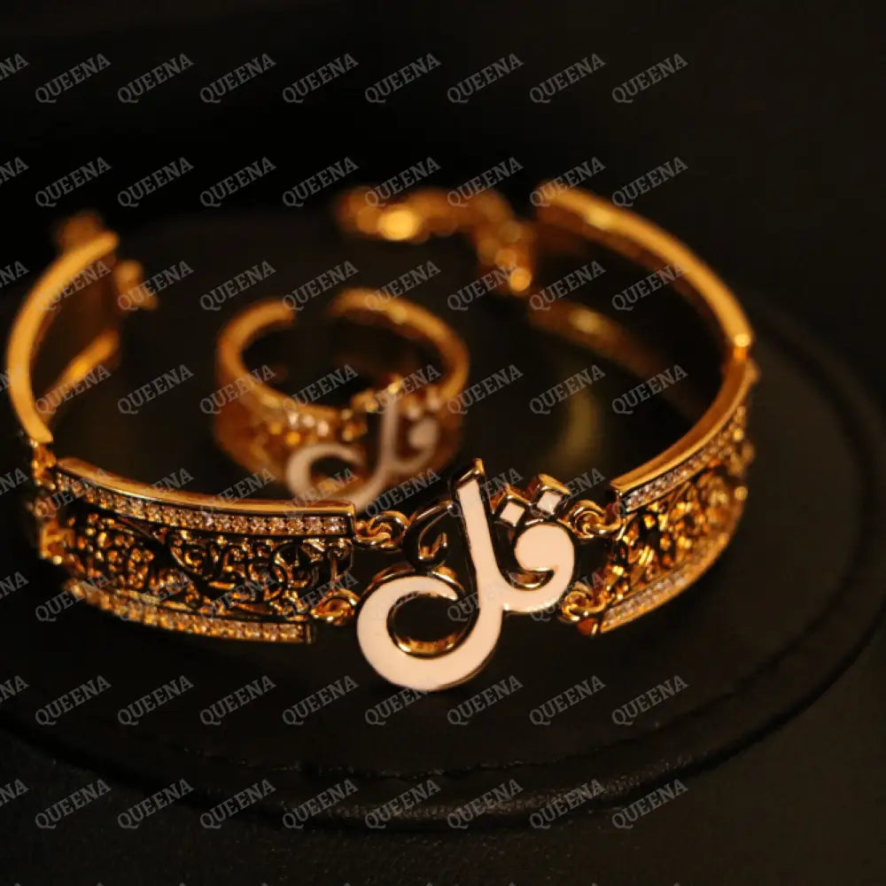 Luxury HALF SET - 21k Gold Plated Unique Islamic White Qul (قل) Bracelet Studded with Zircons Stones Jewelry Set