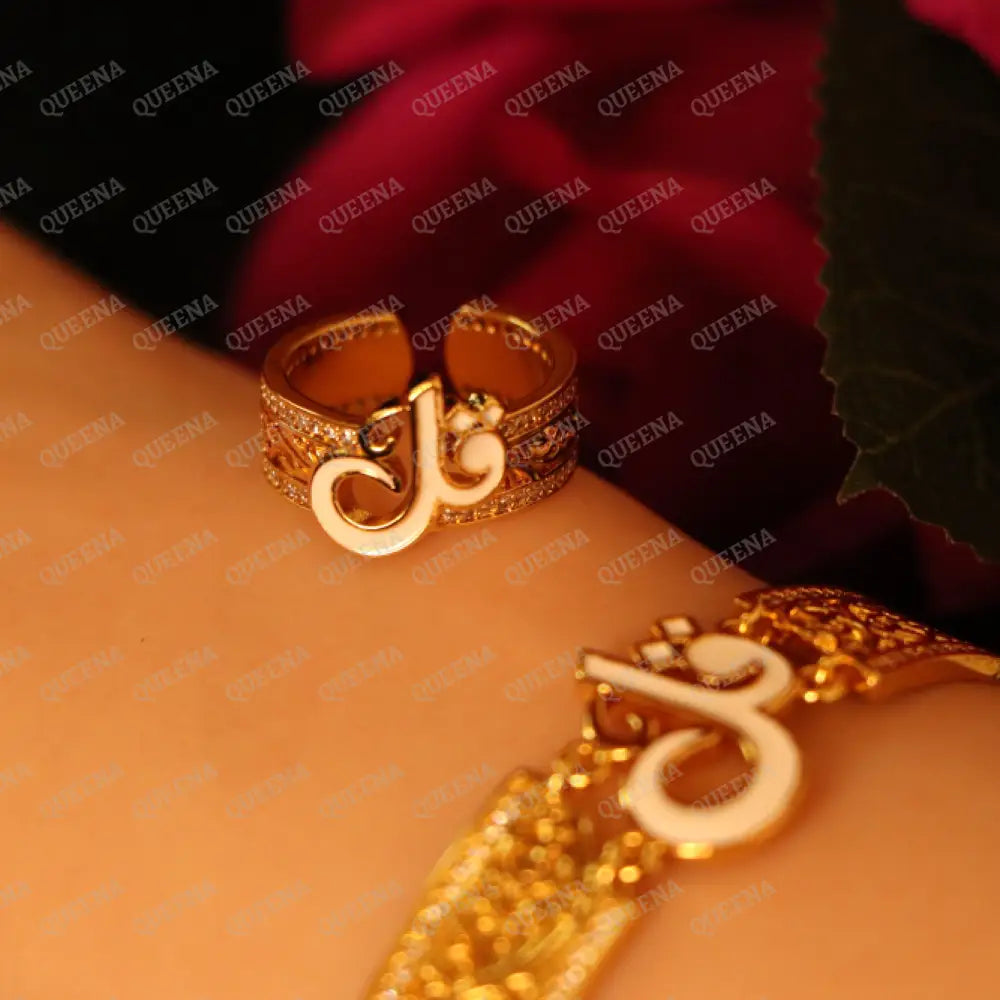 Luxury HALF SET - 21k Gold Plated Unique Islamic White Qul (قل) Bracelet Studded with Zircons Stones Jewelry Set