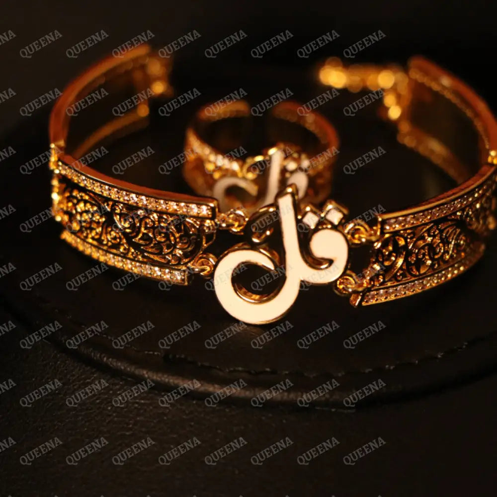 Luxury HALF SET - 21k Gold Plated Unique Islamic White Qul (قل) Bracelet Studded with Zircons Stones Jewelry Set