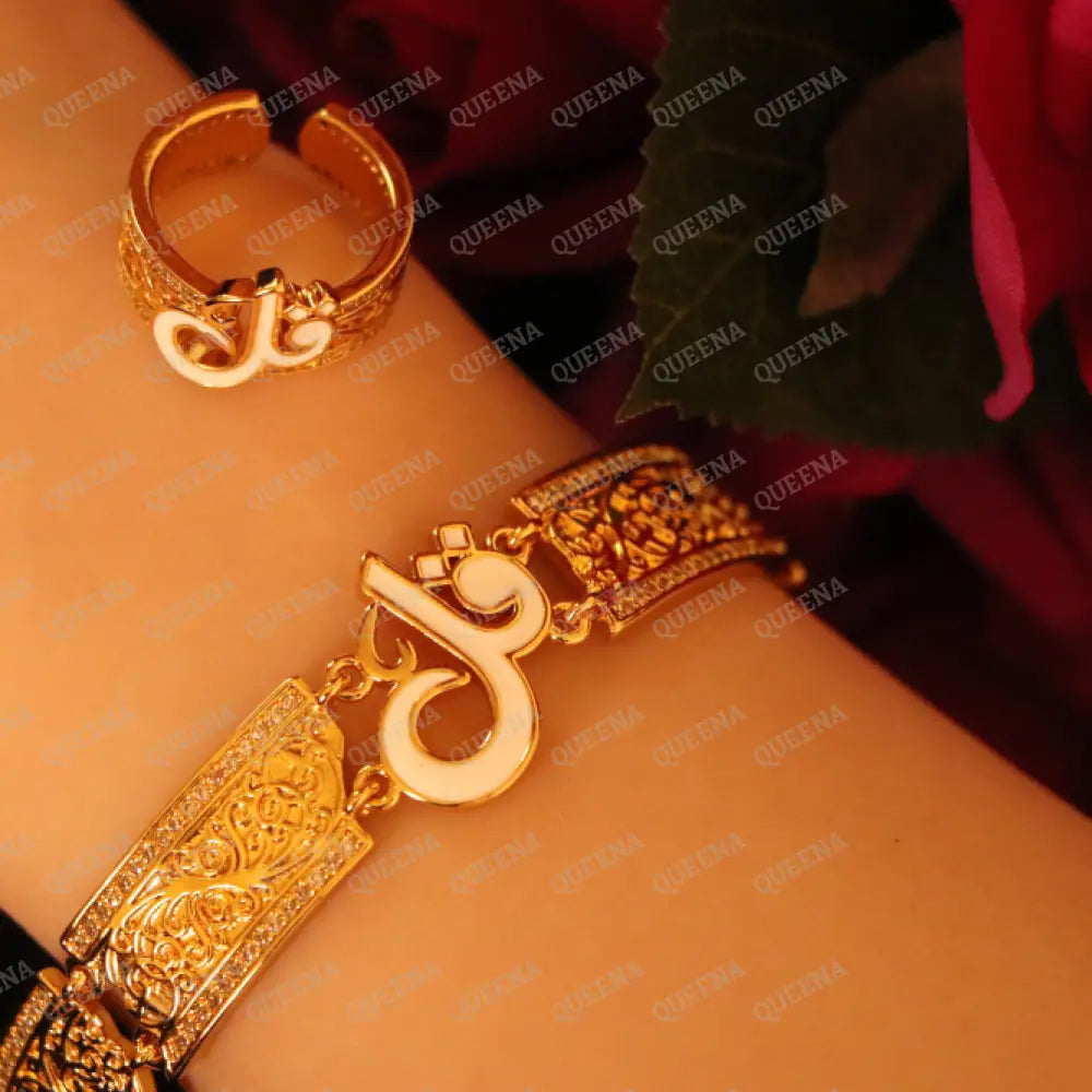 Luxury HALF SET - 21k Gold Plated Unique Islamic White Qul (قل) Bracelet Studded with Zircons Stones Jewelry Set