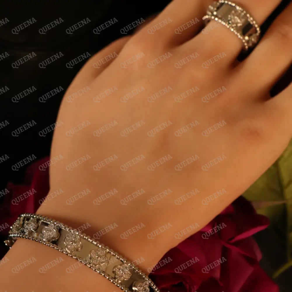 Luxury HALF SET- Silver Flora Clovers Jewelry Set (Bangle + Ring) Studded with Zircon Jewelry Sets