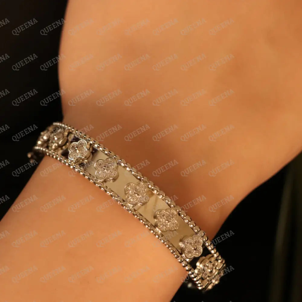 Luxury HALF SET- Silver Flora Clovers Jewelry Set (Bangle + Ring) Studded with Zircon Jewelry Sets