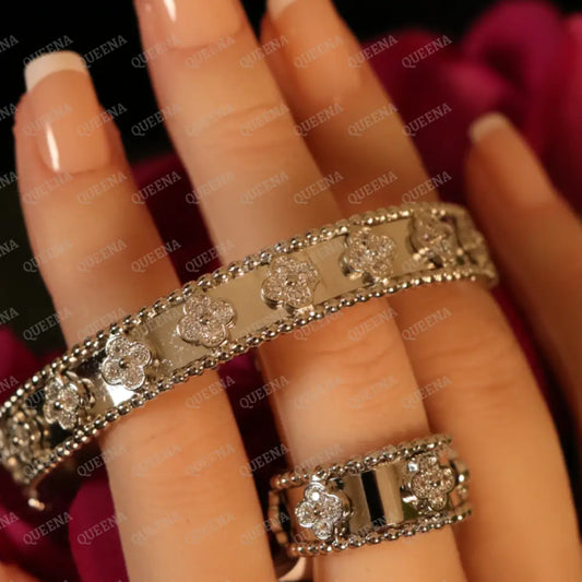 Luxury HALF SET- Silver Flora Clovers Jewelry Set (Bangle + Ring) Studded with Zircon Jewelry Sets