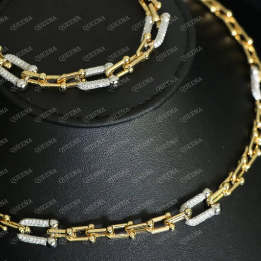 Luxury Teffania Jewelry Half Set Golden Medium Link Studded With Silver Zircon Stones - High