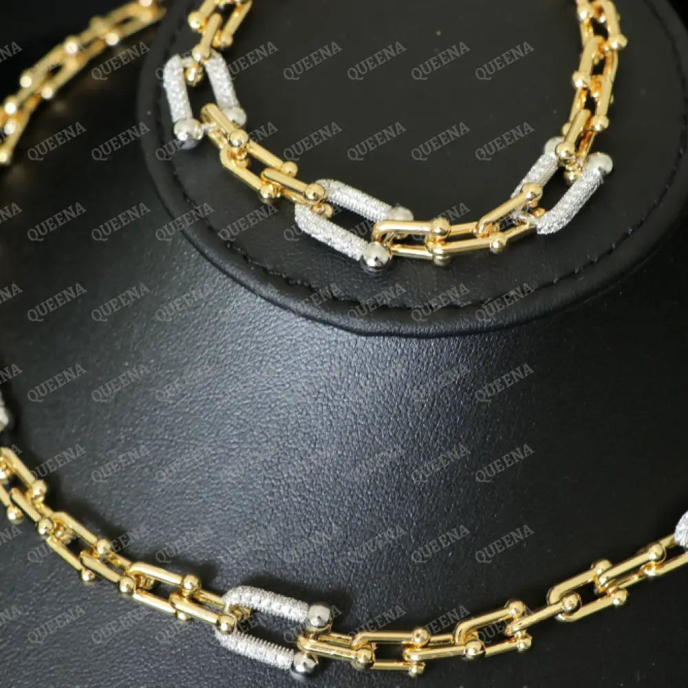 Luxury Teffania Jewelry Half Set Golden Medium Link Studded With Silver Zircon Stones - High
