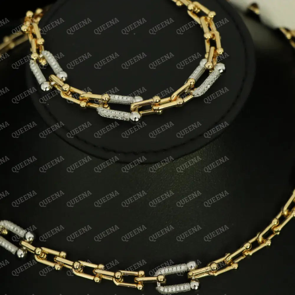 Luxury Teffania Jewelry Half Set Golden Medium Link Studded With Silver Zircon Stones - High