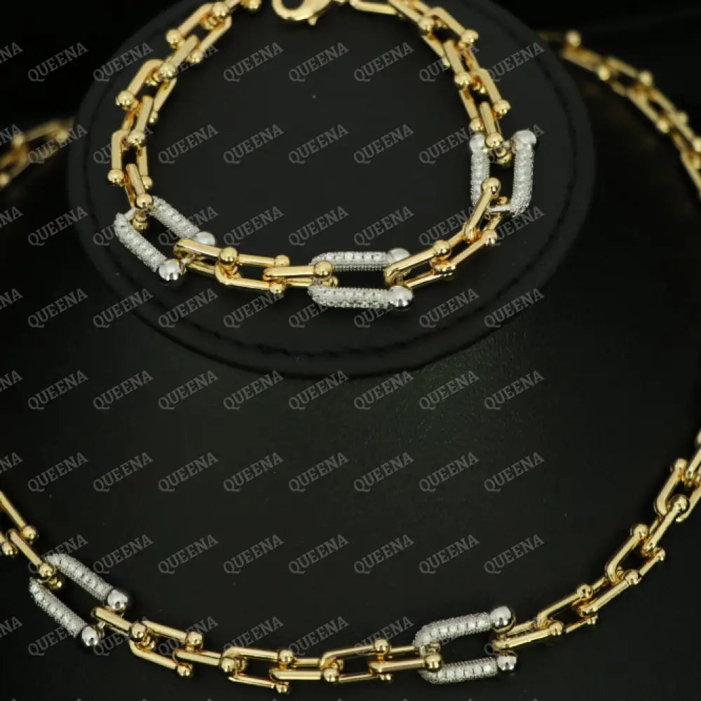 Luxury Teffania Jewelry Half Set Golden Medium Link Studded With Silver Zircon Stones - High