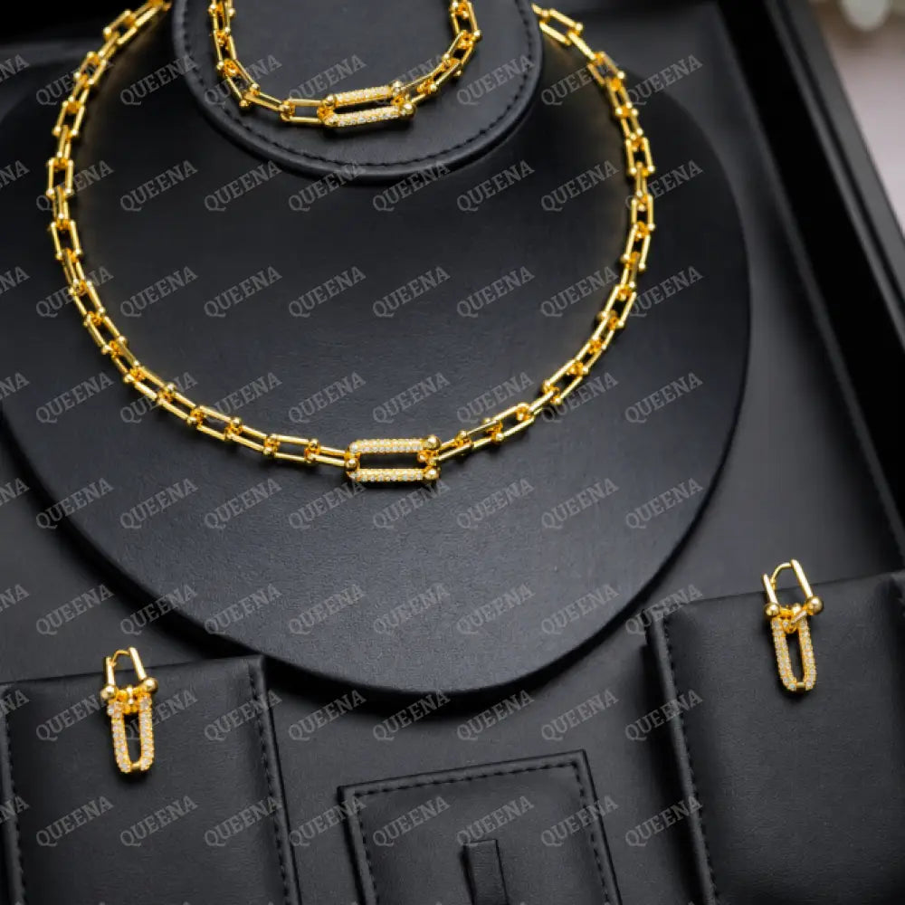Luxury TEFFANIA JEWELRY SET 3 Pieces Golden Paperlink Chain Studded with Gold Zircon Stones - High Quality 18k Gold