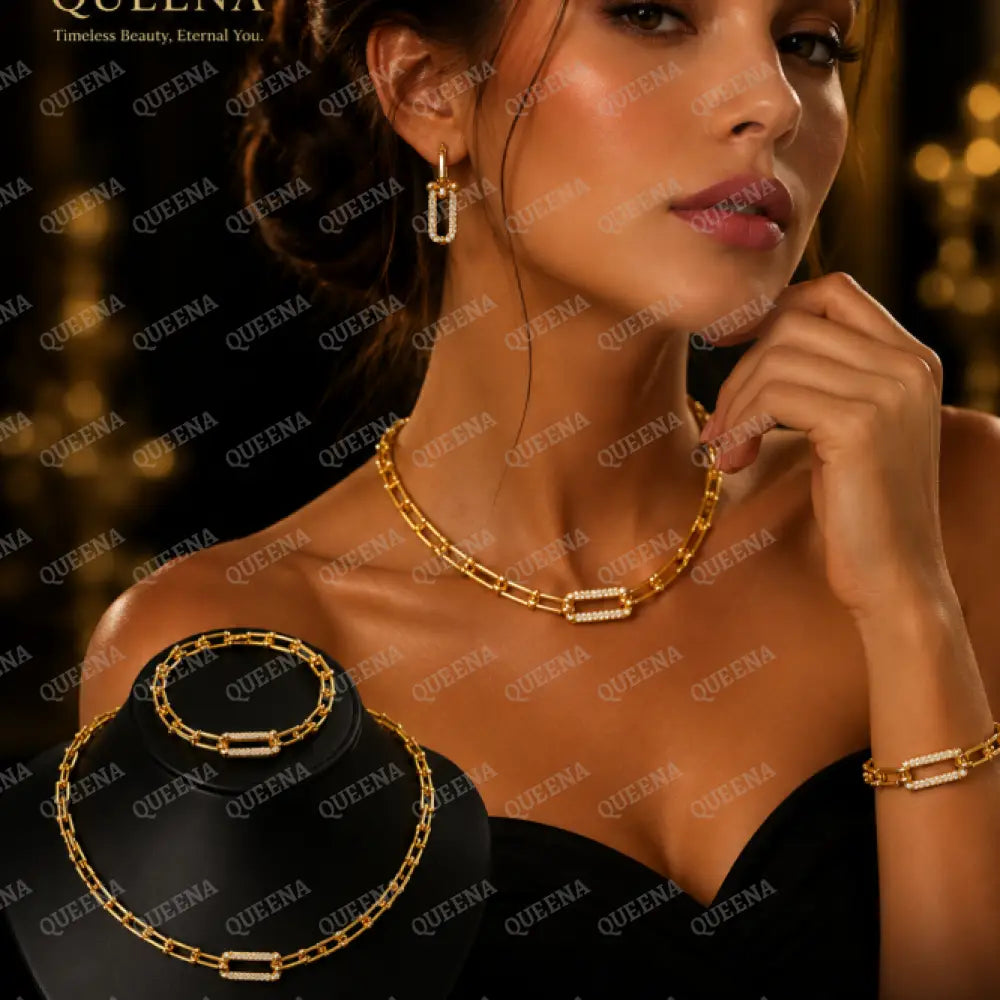 Luxury TEFFANIA JEWELRY SET 3 Pieces Golden Paperlink Chain Studded with Gold Zircon Stones - High Quality 18k Gold