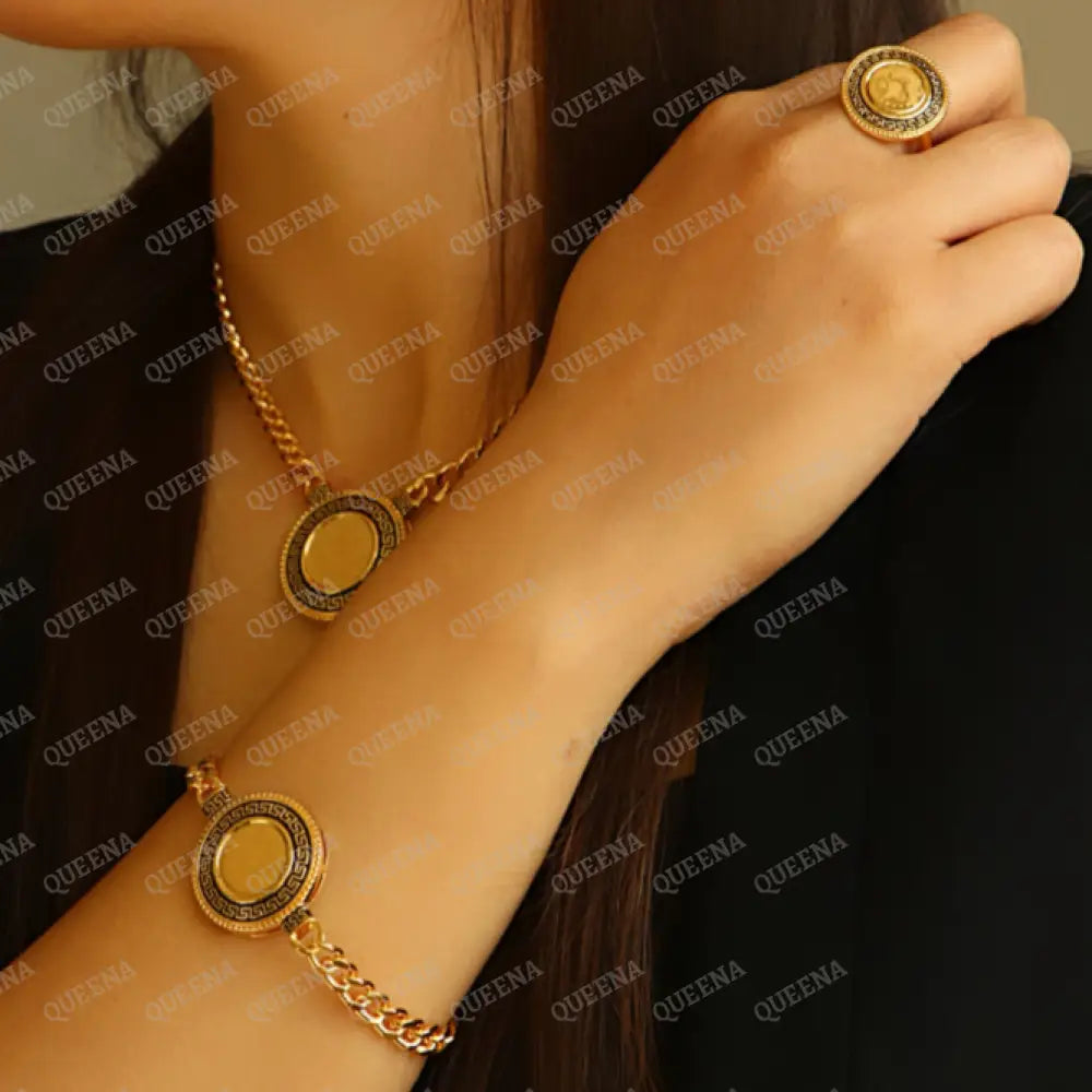 Luxury Lyra Coin Jewelry Full Set 4 Pieces Golden Lyra Coin Janzeer Chain With Verasacei Pattern -