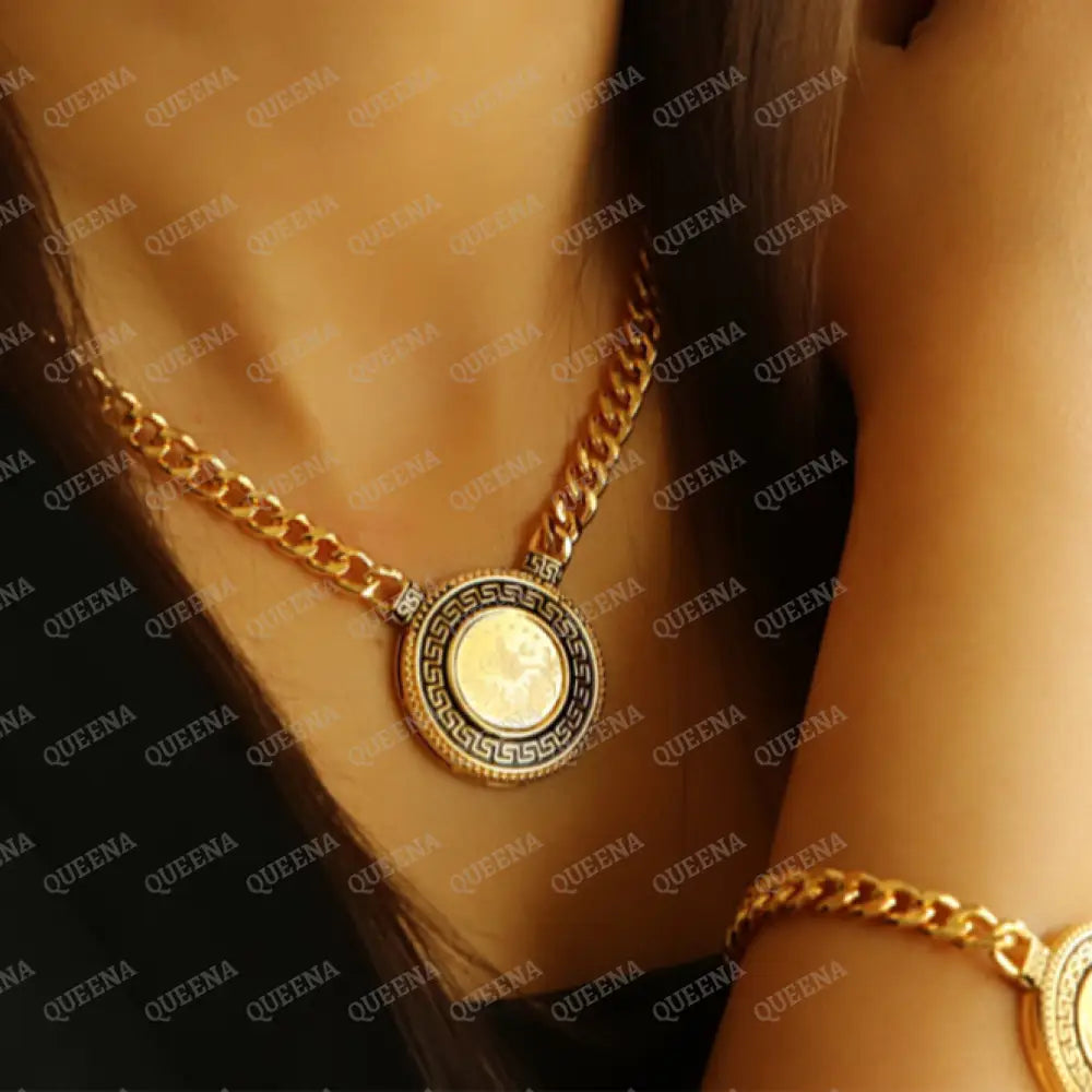 Luxury Lyra Coin Jewelry Full Set 4 Pieces Golden Lyra Coin Janzeer Chain With Verasacei Pattern -