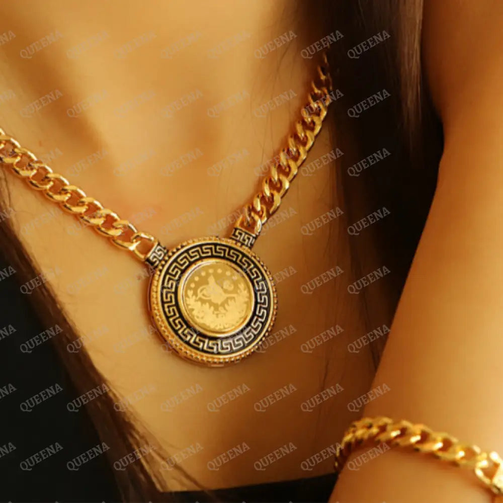 Luxury Lyra Coin Jewelry Full Set 4 Pieces Golden Lyra Coin Janzeer Chain With Verasacei Pattern -