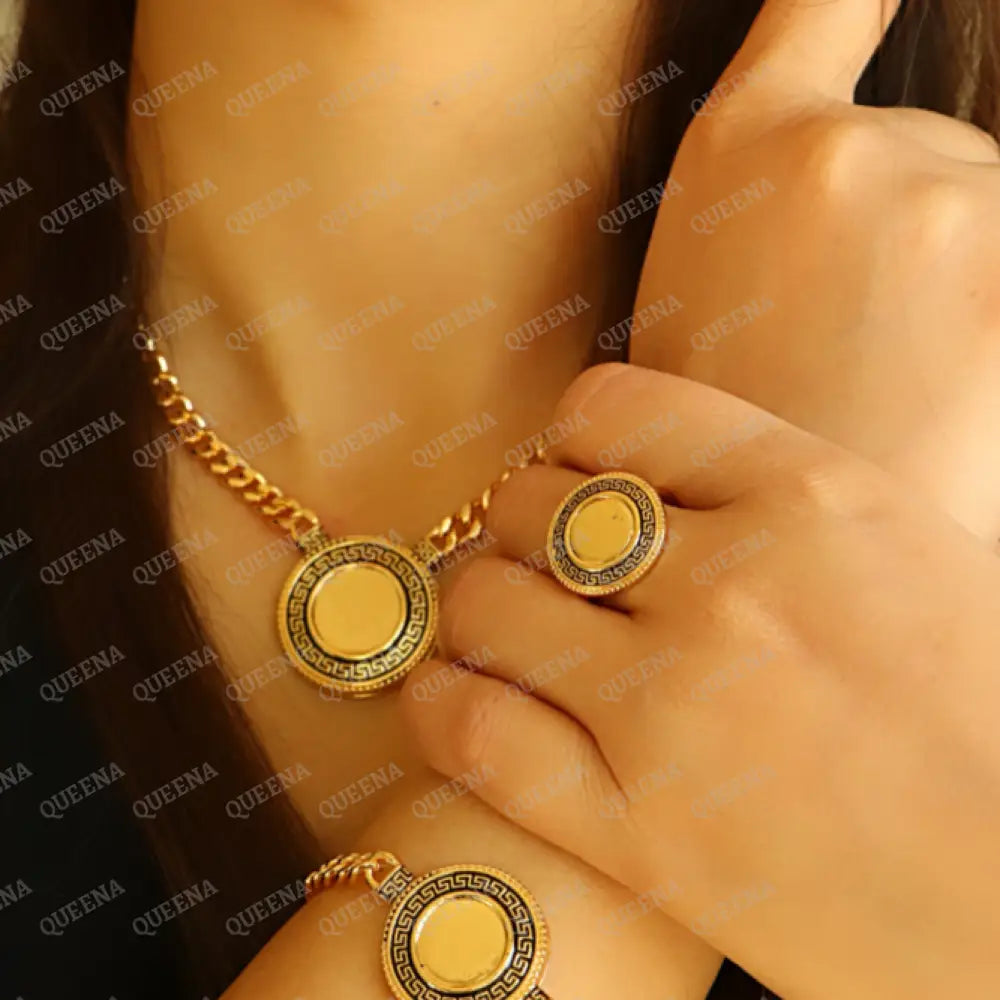 Luxury Lyra Coin Jewelry Full Set 4 Pieces Golden Lyra Coin Janzeer Chain With Verasacei Pattern -