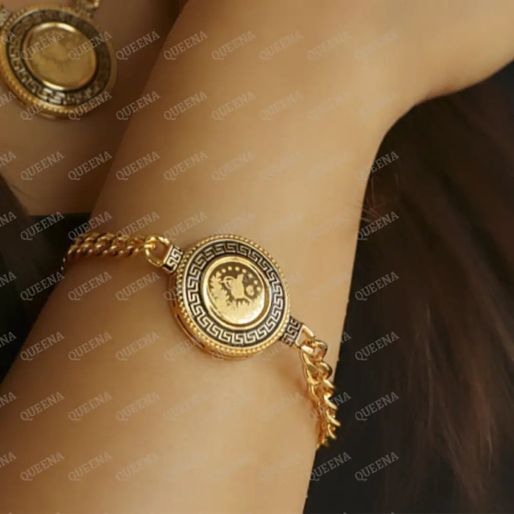 Luxury Lyra Coin Jewelry Full Set 4 Pieces Golden Lyra Coin Janzeer Chain With Verasacei Pattern -