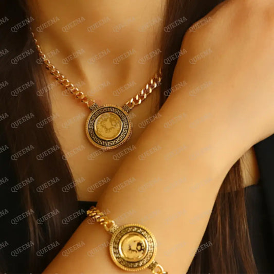 Luxury Lyra Coin Jewelry Full Set 4 Pieces Golden Lyra Coin Janzeer Chain With Verasacei Pattern -